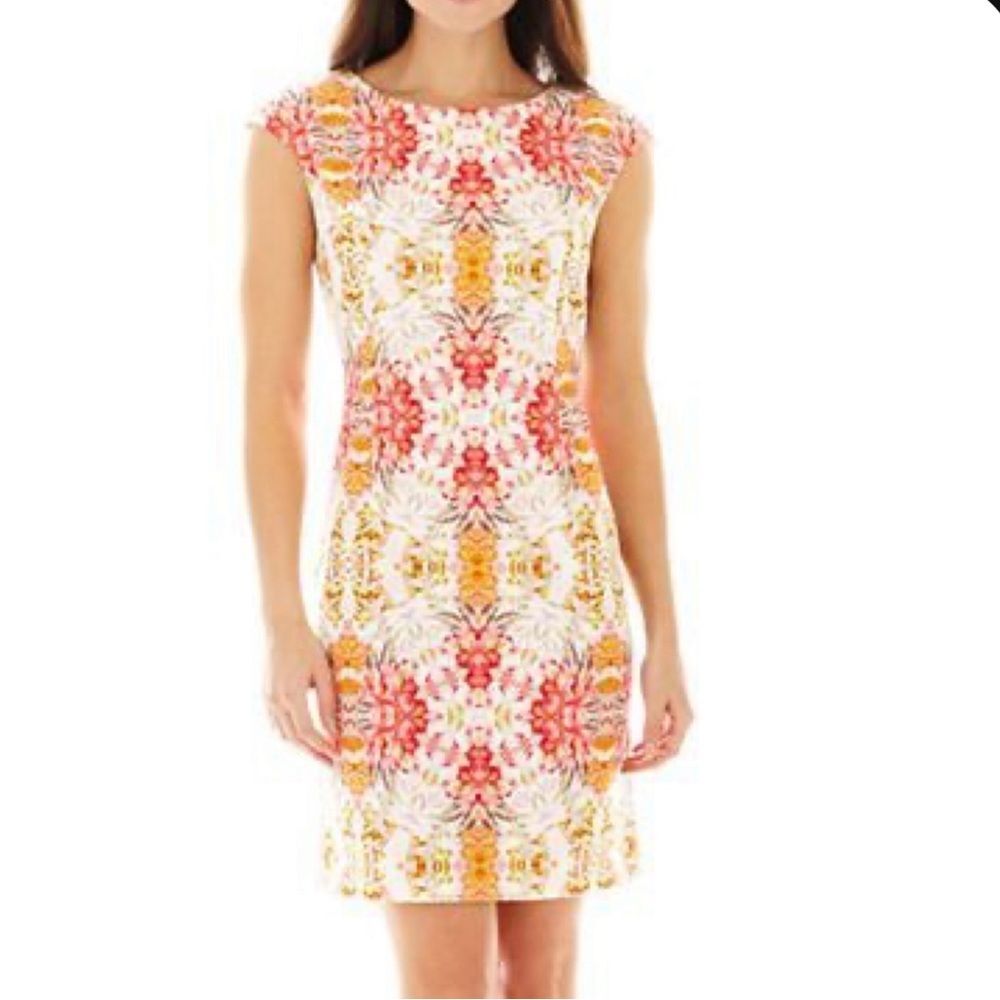 Ronni Nicole ivory orange and pink abstract print sheath dress size 10